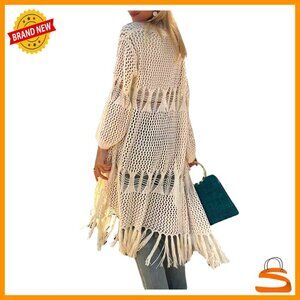 Oversized Long Duster Cardigan Sweater Open Front Fringe Lightweight Knit